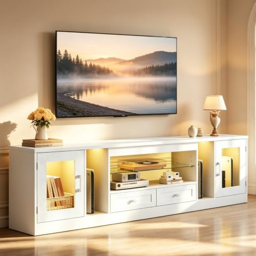 Concho White TV Unit, TV Stand Cabinet with LED for Living Room | Suitable for up to 65'' TV, 2 Cabinets for PS5, 2 Drawers, Adjustable Shelves, Easy Assembly,180*32*50.5cm