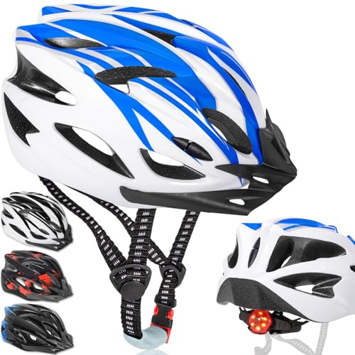 NXPZ Casco Bici Adulti per Uomo e Donna, con Luci LED (3 Modalità), Leggero, Regolabile, Visiera Rimovibile, per Mountain Bike e Strada, Design Elegante, 58-62 cm (Bianco e blu, 1)