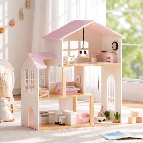 ROBUD Casa de muñecas de madera, casa de muñecas de madera de 3 pisos con 37 muebles de juguete y accesorios para muñecas, casa de muñecas de juego de simulación con 5 habitaciones e invernadero