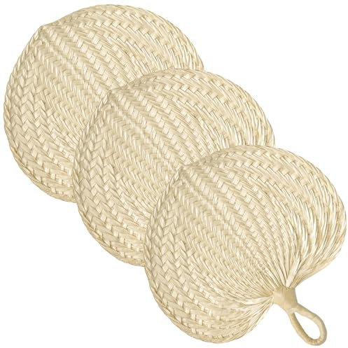 Vervevum Ventagli di Rafia da 3 Pezzi, 12x13 Pollici, Grandi Foglie di Palma, Paglia, ventaglio Portatile con Manico per Luau, Matrimoni, Boho e Altri Eventi, ventagli di Paglia