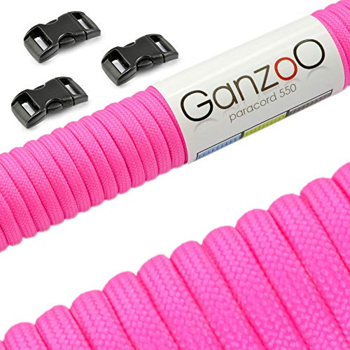 Ganzoo Paracord 550 Seil Typ 3, 30 m/4 mm Nylon-Polyester, Neon-Pink, inkl. 3 Klickverschlüsse 3/8 10 mm, vielseitige Schnur für Outdoor, Camping, EDC, DIY Projekte, Armband knüpfen und Basteln