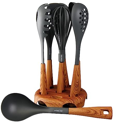 STONELINE Back to Nature 8-teiliges Küchenhelfer Set, Holzoptik, drehbarer Ständer, Kochbesteck für antihaftbeschichtes Koch- und Backgeschirr, stylisches Küchen Zubehör