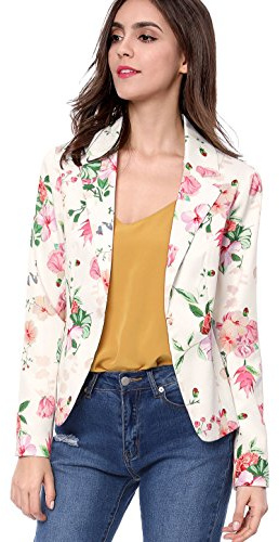 Allegra K Blazer Ouvert Devant Femme imprimé Floral Veste Tailleur cintré à col Revers Blanc-Floral M