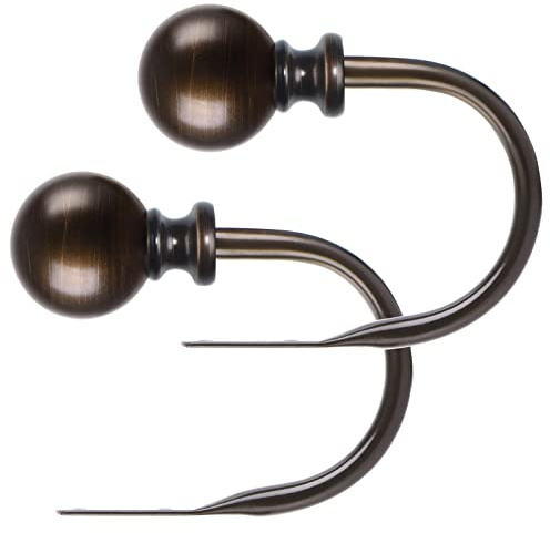 KAMANINA Curtain Holdbacks, Decorative Curtain Tiebacks Wall Mounted with Round Finials, Metal Window Treatment Holdbacks with Screws, Bronze Curtain Hooks for Drapes (1 Pair/2 Pack, Small)