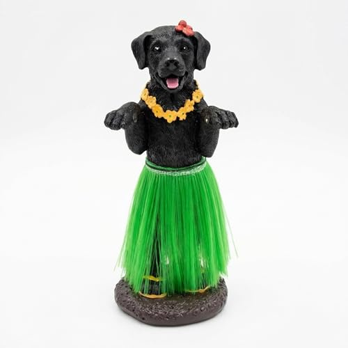 Dashboard Hula Dog Black Labrador Retriever Car Bobblehead Figurine 6 Inches Green Grass Skirt Hawaiian Lei Desk Mantle