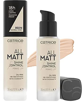 Catrice All Matt Shine Control Make Up, Foundation, Nr. 002 N Neutral Ivory, nude, für Mischhaut, langanhaltend, mattierend, weichzeichnend, glättend, matt, vegan, ölfrei, ohne Alkohol (30ml)