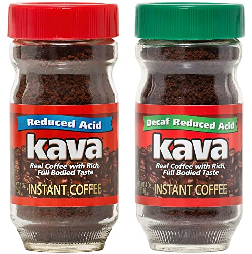 Kava Low Acid Instant Coffee Lover Bundle Set, 4 Ounce Glass Jar of Each, Regular & Decaf
