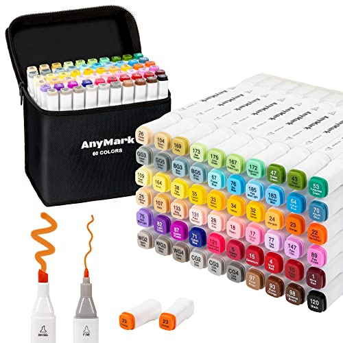 AnyMark Alkohol Marker, 60 Farben Marker Stifte Set, Twin Tip Künstler Stifte Set für zum Zeichnen, Ausmalen und Skizzieren, Meißel- & Feinspitzen