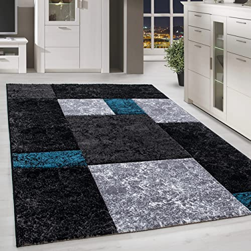 HomebyHome Teppich 140x200 cm Kurzflor Konturenschnitt in Schwarz Grau Blau Kariertes Design, Waschbar, Pflegeleicht, Extra Weich Für Wohnzimmer, Schlafzimmer, Esszimmer