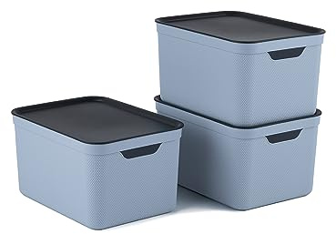 Jive 3er Set Dekobox A4 fog blue 3er- Set Aufbewahrungsbox 16l mit Deckel, Kunststoff (PP recycelt), blau/anthrazit, 3x16l (37.5 x 27.8 x 29.8 cm) | Aufbewahrungsboxen im 3er Set, A4-Format für Dokumente und Unterlagen, 16 L je Box, robuster recycelter PP-Kunststoff