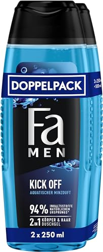 FA Men 2 en 1 Gel de ducha Kick Off, 2 unidades (2 x 250 ml) fórmula 2 en 1 para cabello y cuerpo, activa tus sentidos con el intenso aroma masculino de eucalipto y menta acuática