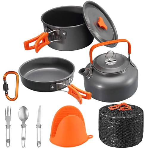 Camping Cooking Set WODSTA camping equipment for 1-3 People Aluminium Camping Cookware 9 PCS Camping Accessories Cooking Include 1.5L Pot, 0.8L Kettle and Pan etc |Easy to Clean| |Easy to Pack Away|