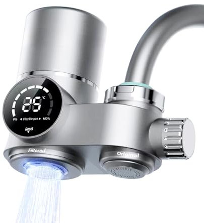 Water Filter for Sink Faucet, Upgraded Faucet Mount Water Filtration System with UV Light and Real-Time Filter Life Indicator, Reduces Lead Chlorine, Heavy Metals (Incl. 1 Filter, 12 adaptors)