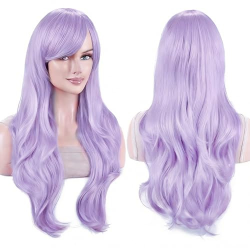 IMISSU 70cm långt hår vatten vågiga peruker med lugg cosplay kostym peruk (Lavendel)