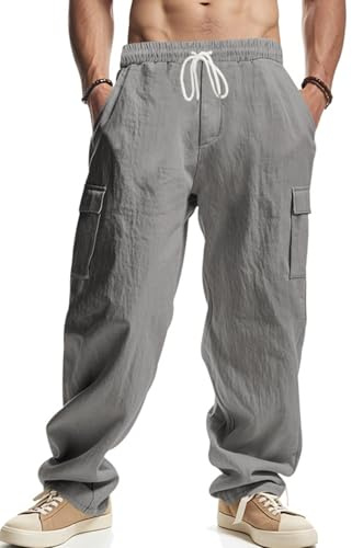 PADOLA Pantalones de Lino Ligero para Hombre Pantalón de Carga con Bolsillos Pantalones Casuales de Corte Holgado con Cordón Elásticos(M,Gris)