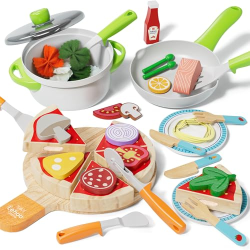 Lehoo Castle Comida Juguete Cocinita, Accesorios Cocina Juguetes, Pizza de Madera, Cocinita de Madera Infantil, Juguetes Niña 3 Años