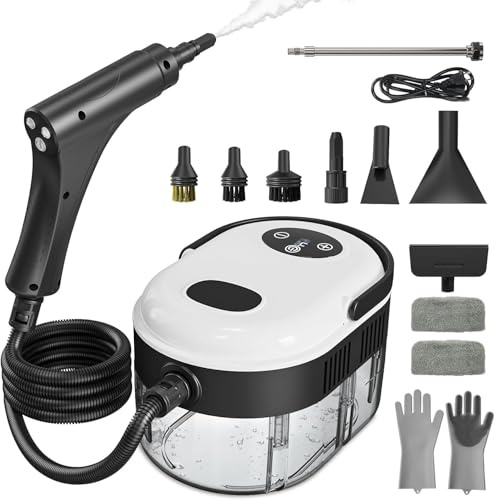 Steam Cleaner, Handheld Steam Cleaner with 6 Levels Adjustable Handle, 1.5L Water Tank, Steamer for Cleaning, Portable Steam Cleaner for Home, Car, Furniture, Couch (White & Black)