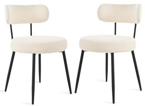 Bon Furni Esszimmerstühle 2er Set Bouclé Teddy Stoff, Gepolsterte Esszimmerstühle, Moderne Küchenstühle ohne Armlehne mit Metallbeinen, Creme, Komfortable Polsterstühle für Esszimmer & Küche