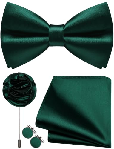 Ailisus Einfarbig Fliege Herren Vorgebunden Satin Fliege und Einstecktuch mit Ansteckblume Manschettenknöpfe Set für Hochzeit