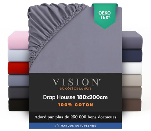 VISION Lenzuolo con angoli - 100% cotone - Letto matrimoniale (180 x 200 cm) - Angoli elasticizzati - Adatto a materassi fino a 30 cm - Certificato Oeko-Tex - Lavabile in lavatrice - Colore: grigio