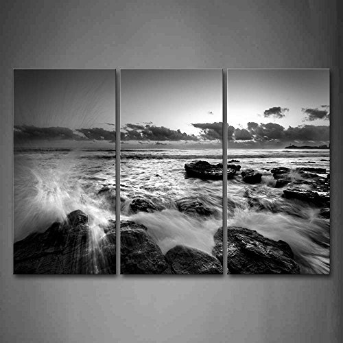 First Wall Art - Schwarz Weiß Leinwand Bilder Wellen Krachen Gegen die Steine Wandbild Poster 3 Panel Modern Seestücke Dekorationen Für das Wohnzimmer,Büro,Küche,Badezimmer,Schlafzimmer