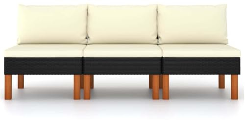 HBFDSFG Poly Rattan Mittelsofa 3 STK. mit pulverbeschichtetem Stahlrahmen und Beinen aus massivem Eukalyptusholz, abnehmbare und waschbare Kissenbezüge mit Reißverschluss, modulares