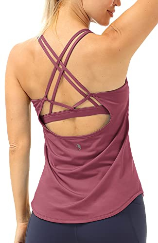 icyzone Damen Sport Yoga Tank Top mit Integriertem BH - 2 in 1 Sport Oberteile Fitness Gym Shirts (S, Dunkelrosa)