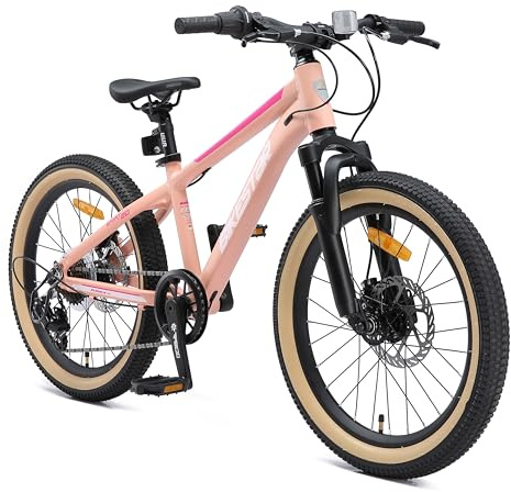 BIKESTAR Bicicleta de montaña Juvenil de Aluminio 20 Pulgadas de 6 a 9 años | Bici niños Cambio Shimano de 7 velocidades, Freno de Disco, Horquilla de suspensión | Berry