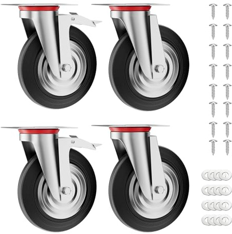 4 Stück Schwerlastrollen 125mm, Lenkrollen 400kg Tragfähigkeit, 360° Drehbar Geräuschlos, mit Schrauben, 2 mit Bremsen und 2 ohne, Ideal für Möbel, Paletten und Lager