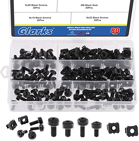 Glarks Set di 80 Dadi e Viti M5-M6 (16-20 mm), Dadi a Gabbia per Hardware e Viti di Montaggio, Rondelle per Server Rack e Armadio (Nero)