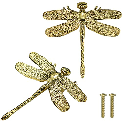Goldfarbene Libellen-Schubladenknöpfe und Knöpfe für Tiere, Insekten, Schrank, Schubladen, Hardware, Möbelknöpfe und Ziehen für Kommodenknöpfe, Zinklegierung, Griffe 2 Stück (helles Gold) | Skurrile Schrankgriff, lustige dekorative Möbel, Tier-Schubladenknöpfe, inklusive Schrauben, für Küche, Kommode, Schrank