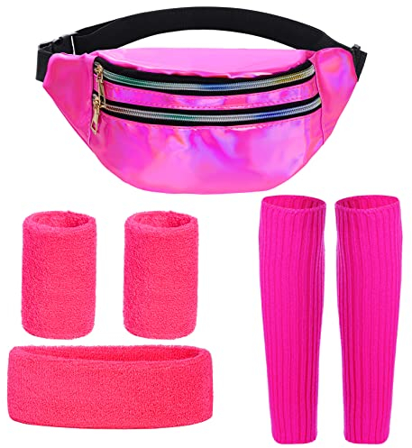 80er Jahre Kleidung Damen Sportlicher Stil Set, Neon Beinwärmer,Armbänder,Neon Stirnband, PU Bauchtasche Wasserdicht für 80er 90er Outfit Party Kostüm Accessoires Karneval Halloween (Rosarot)