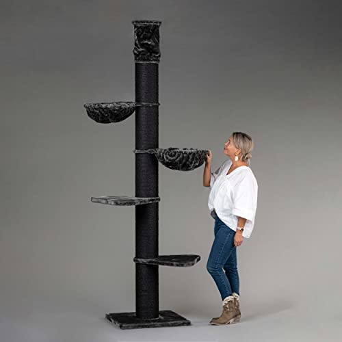 RHRQuality Kratzbaum für große Katzen – Maine Coon Tower Plus – 225 bis 245 cm hoch – mit extra dicken 20 cm Sisalstämmen – Blackline Dunkelgrau