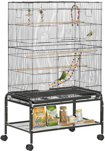 PawHut Fågelbur på hjul med 4 matare och 3 sittpinnar 79 x 49 x 133 cm svart