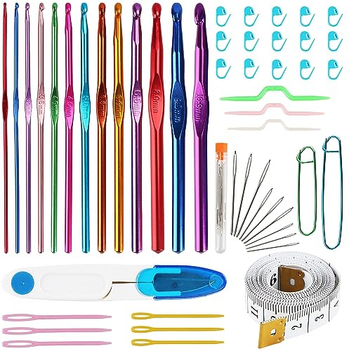 OWill 53 PCS Crochet Hooks Set,Coloured Aluminium Crochet Needles, with Knitting Accessories Tools,14 Full-Size Crochet Kits Suitable for Beginners Adults