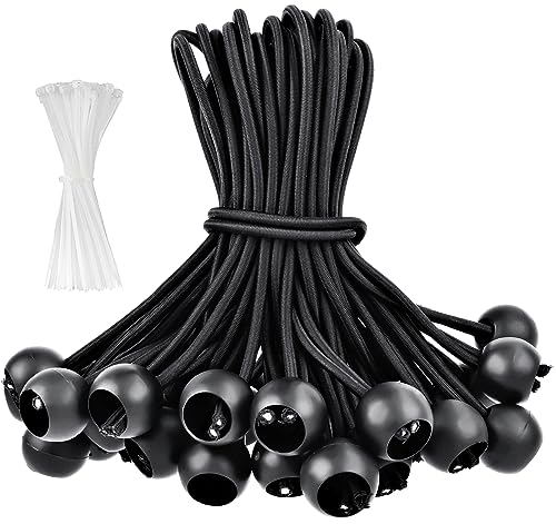 MINISOISO Tendeur Elastique, 40 Pièces Tendeur Elastique Boule, Elastique pour Bache avec 100 Serre-câbles Blancs(10CM), Boucles en Caoutchouc avec Boule,Sandow Elastique pour Bache,Tentes,Camping