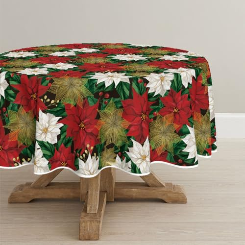 Horaldaily Weihnachten Tischwäsche 150x150 cm Rund, Weihnachtsstern Rot Weiß Tischdecke für Party Picknick Abendessen Dekor