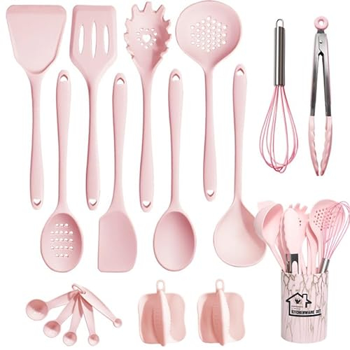 UXIYI Silicone Utensil Set Kitchen Utensils, 18pcs Cooking Utensils Set, Including Turner Spatula Tong Spoon Non-Stick Heat Resistant Cooking Gadgets,Pink