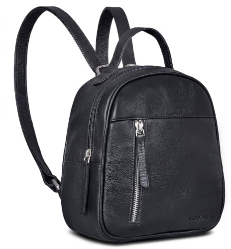 ROYALZ 'Olympia' Petit sac à dos en cuir décontracté Sac à dos pour dames Cuir véritable Elégant Vintage Look City Backpack Mini, Couleur:Noir