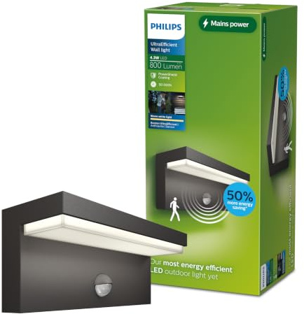Philips Outdoor Ultra-Efficient Bustan Wandleuchte 3.8W, Bewegungssensor, 2700K warmweißes Licht, IP44 wetterfest, anthrazit