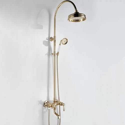 BiaoTeng Set Doccia con Soffione e Doccetta, Rubinetto a Cascata con Bocca 3 Funzioni e Monocomando Colonna Doccia con Miscelatore, Oro