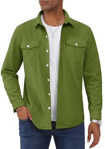 TACVASEN Corduroy Shirts for Men Casual Long Sleeve Overshirt Button Down Lightweight Shacket Jacket with Flap Pockets ArmyGreen, L