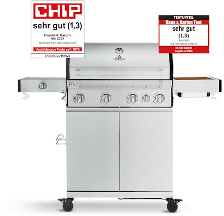 BURNHARD® 4-Brenner Gasgrill Big FRED Deluxe inkl. Backburner, 900°C Infrarot-Keramikbrenner, Seitenkochfeld, Edelstahl-Grillrost, Grillabdeckung, Edelstahl Grillwagen + klappbare Seitentische