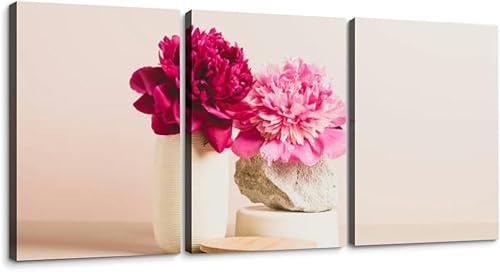 Modern podium wooden geometric shapes stone green fresh plant flowers 3 Piece Canvas Wall Art for Living Room Bedroom Office Framed Prints Pictures Painting Wall Decor Artwork for Walls Set of 3