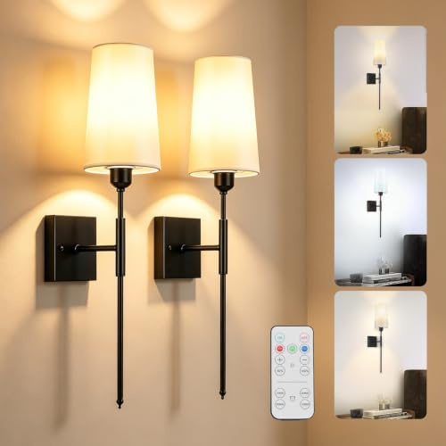 Battery Operated Wall Sconces Set of 2, Rechargeable Wall Lights with 4 Brightness and 3 Color Temperature Dimmable, Wall Lights with Remote and led Light Bulb for Bedroom Living Room Hallway(Black)