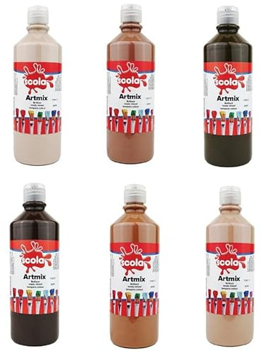 scola Artmix Ready Mixed Water Based Tempera Paint, 6 Assorted Skin Tone Colours, 600ml Bottles, Safe Non-Toxic Poster Paints, Craft Projects, Sponge Painting, Finger Painting for Children