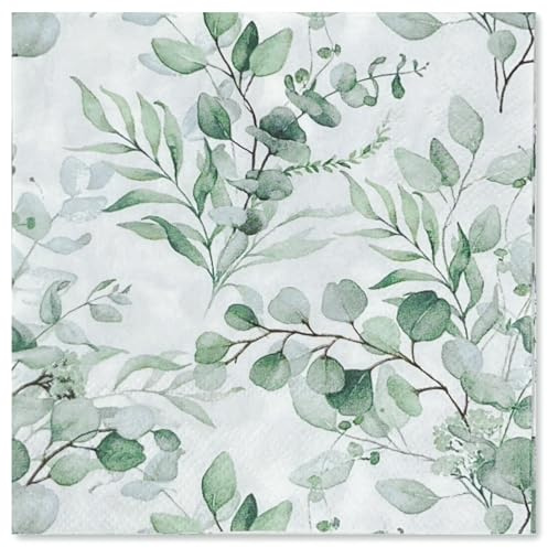 RUSPEPA 25 Stück Cocktailservietten aus Papier mit Eukalyptusmotiv – Papierservietten mit grünen Blättern für Braut- und Babypartys, Teepartys, Gartenpartys – (12,7x12,7 cm) 5x5 Zoll