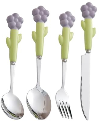 Manico in Ceramica Da Cucina Acciaio Inox Argenteria Stoviglie Posate Set Bistecca Coltello Forchetta Cucchiaio Dessert Cucchiaino Utensili (Viola,4 pezzi)