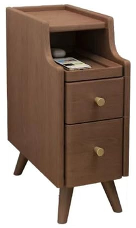 Mesita de noche de madera con estante extraíble, 2 cajones, ahorra espacio, mesa auxiliar estrecha para dormitorio, sala de estar, color nogal, 20 cm