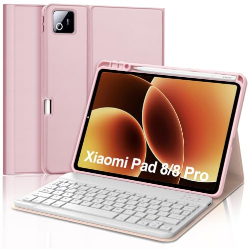 Coque Clavier pour Xiaomi Pad 8/Pad 8 Pro 11.2 2025, AZERTY Français Housse Clavier Bluetooth Magnétique Détachable avec Porte Crayon pour Tablette Xiaomi Pad 7/Pad 7 Pro 11.2 Pouces 2024, Rose